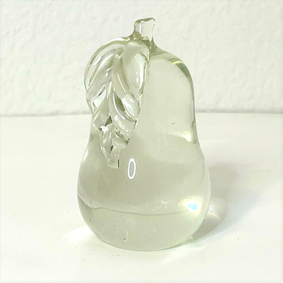 Vintage Clear Glass Pear Paperweight 3.75 Inch Solid Art Glass Figurine 1980s - Picture 2 of 7